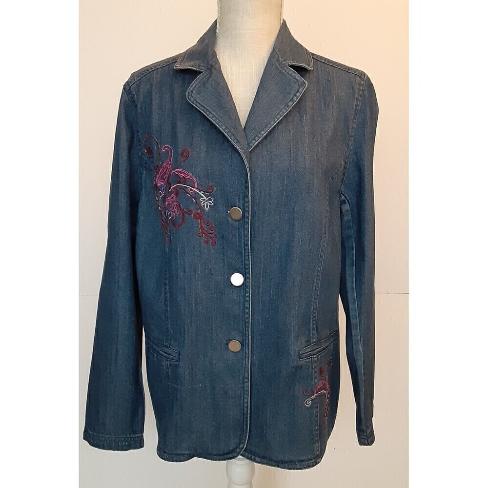 City Blues by Koret Sz M Denim Blazer w/Pink Floral Embroidery and Faux Pockets